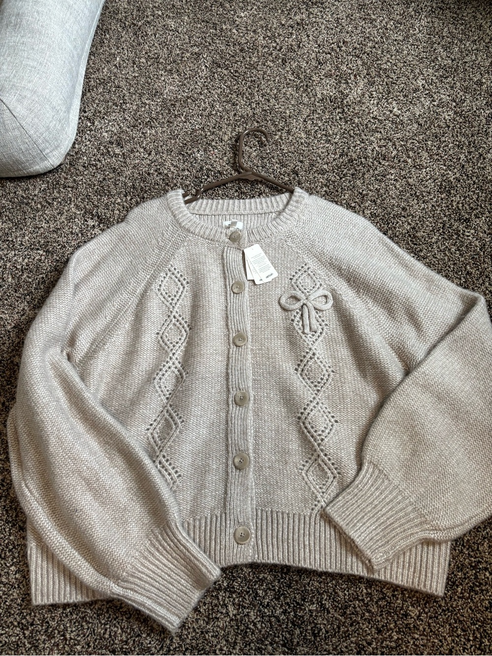 aerie Cream Knit Button-Front Cardigan with Cable & Bow Detail